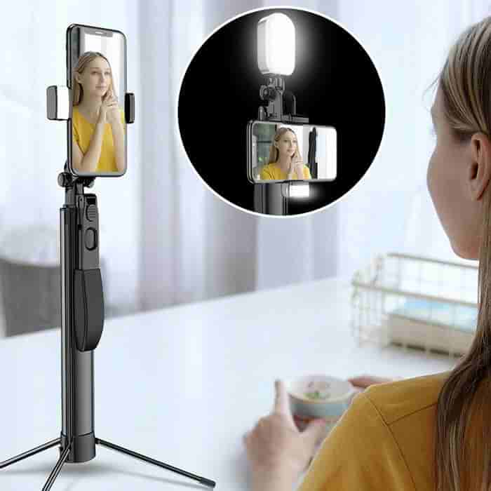 LED Lamp for Lighter and More Even Images (Lamp Not Included) - Phone Stabilizer - Selfie Stick, Build-in Tripod and Remote Control