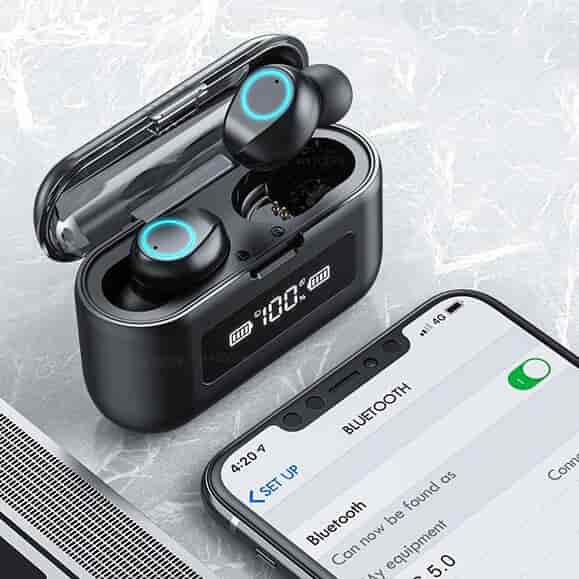 Connects Easily with Bluetooth - SoundPods Pro - Wireless, Waterproof, Volume Control, Power Bank and LED Display - Earphones